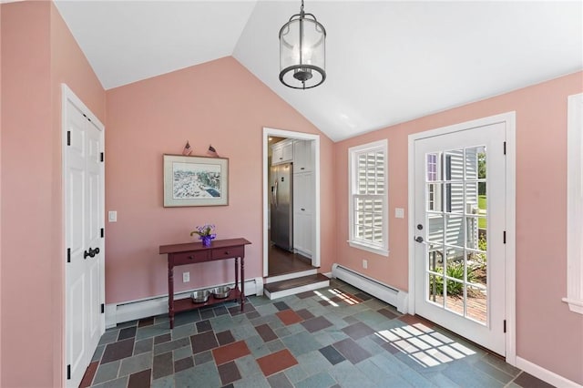 31 Peaceful Way, Tiverton, RI 02878 - foyer with a baseboard heating unit, lofted ceiling, plenty of natural light, and baseboards