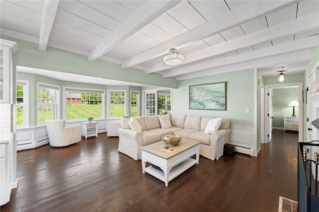 31 Peaceful Way, Tiverton, RI 02878 - living room featuring dark wood finished floors, beam ceiling, wainscoting, a decorative wall, and radiator