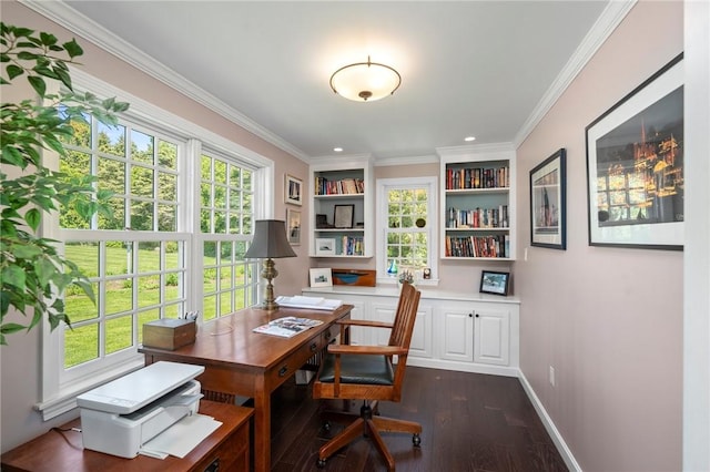 31 Peaceful Way, Tiverton, RI 02878 - office with plenty of natural light, dark wood-style floors, crown molding, built in shelves, and built in desk