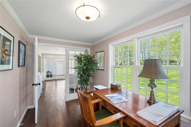 31 Peaceful Way, Tiverton, RI 02878 - dining room with french doors, dark wood-style floors, baseboards, an office area, and ornamental molding