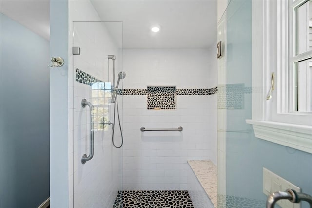 31 Peaceful Way, Tiverton, RI 02878 - full bath with a tile shower, recessed lighting, and plenty of natural light