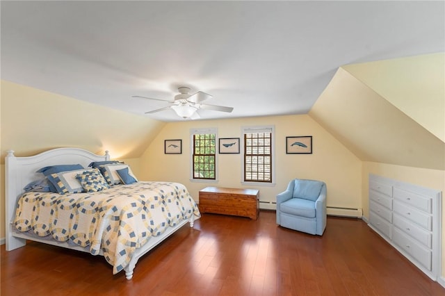 31 Peaceful Way, Tiverton, RI 02878 - bedroom featuring a baseboard heating unit, baseboard heating, wood finished floors, a ceiling fan, and lofted ceiling