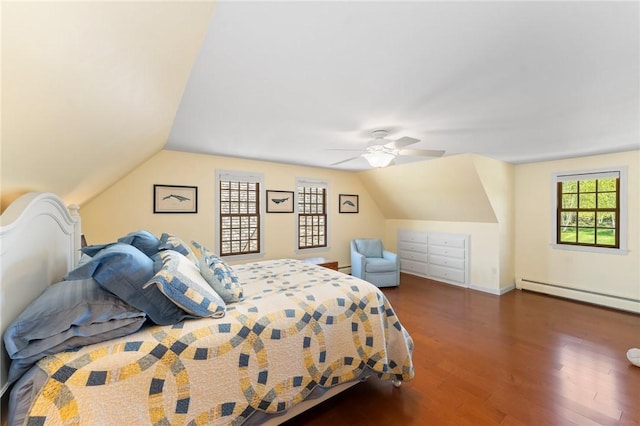 31 Peaceful Way, Tiverton, RI 02878 - bedroom with a baseboard radiator, wood finished floors, lofted ceiling, a ceiling fan, and baseboards