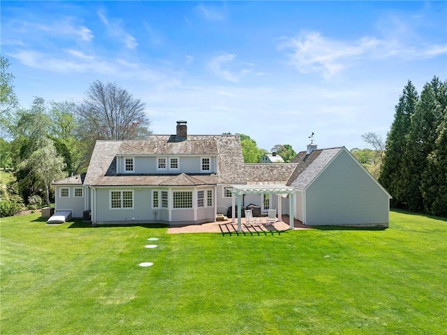 31 Peaceful Way, Tiverton, RI 02878 - back of property with a pergola, a patio, a lawn, and a chimney