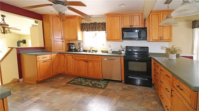 23 Sherman Ln, Middletown, RI 02842 - kitchen featuring black appliances, a peninsula, ceiling fan, and dark countertops