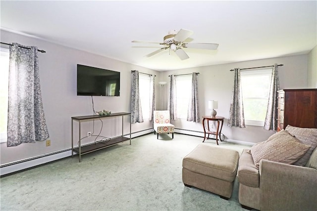 23 Sherman Ln, Middletown, RI 02842 - living area featuring a ceiling fan, carpet, and baseboard heating