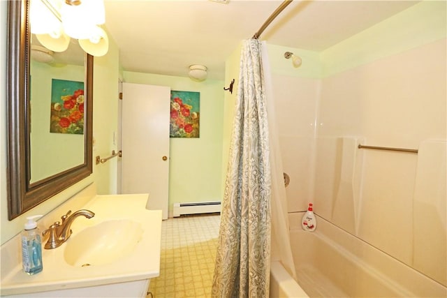 23 Sherman Ln, Middletown, RI 02842 - full bath with baseboard heating, shower / bath combo, vanity, and tile patterned floors