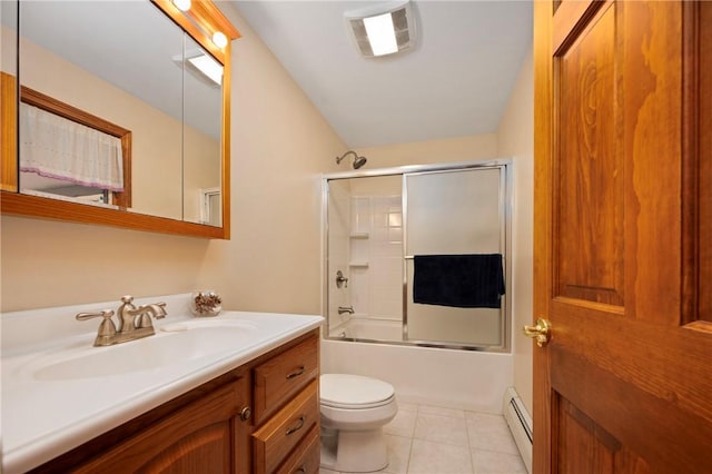 350 Austin Farm Rd, Exeter, RI 02822 - bathroom featuring baseboard heating, vanity, toilet, vaulted ceiling, and shower / bath combination with glass door