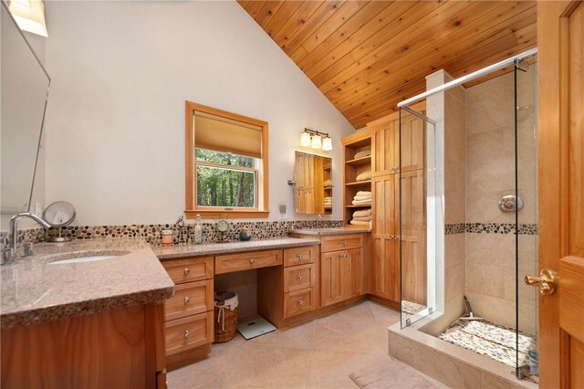 350 Austin Farm Rd, Exeter, RI 02822 - full bath featuring vaulted ceiling, vanity, wood ceiling, a stall shower, and tile patterned flooring