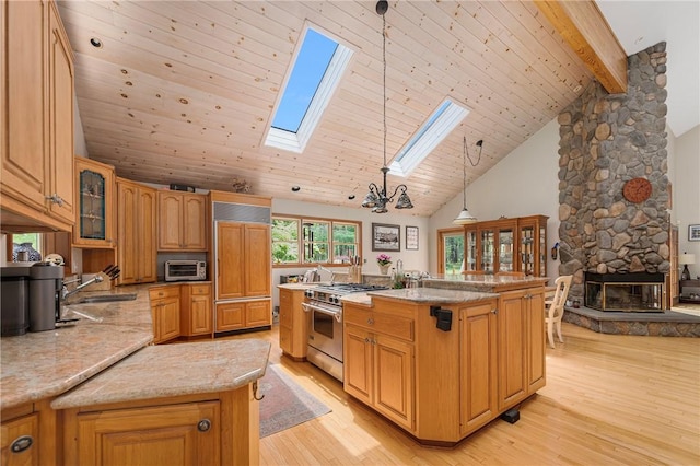 350 Austin Farm Rd, Exeter, RI 02822 - kitchen featuring high end appliances, a skylight, a sink, light wood-style floors, and high vaulted ceiling