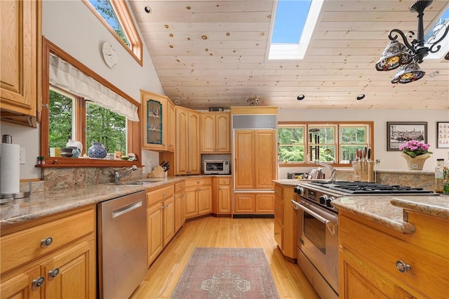 350 Austin Farm Rd, Exeter, RI 02822 - kitchen featuring high end appliances, light wood finished floors, a sink, vaulted ceiling, and a skylight