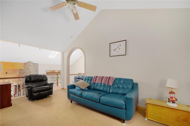 350 Austin Farm Rd, Exeter, RI 02822 - living room with carpet flooring, ceiling fan, and high vaulted ceiling