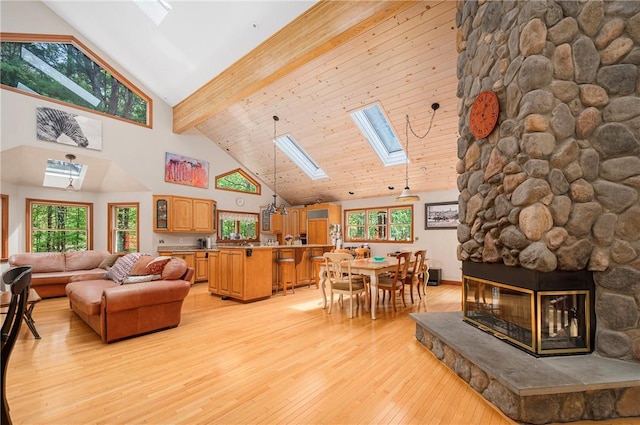 350 Austin Farm Rd, Exeter, RI 02822 - living area featuring a skylight, high vaulted ceiling, light wood-style floors, a stone fireplace, and beamed ceiling