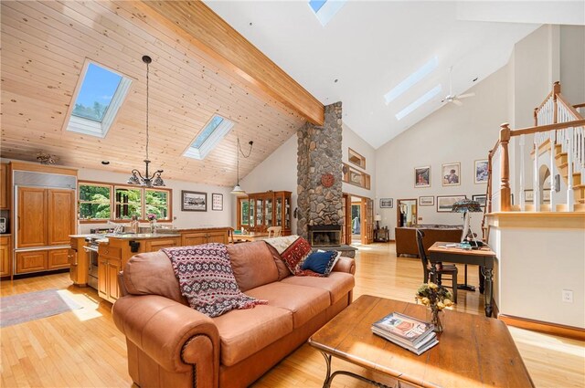 350 Austin Farm Rd, Exeter, RI 02822 - living room with a skylight, high vaulted ceiling, light wood finished floors, beam ceiling, and ceiling fan