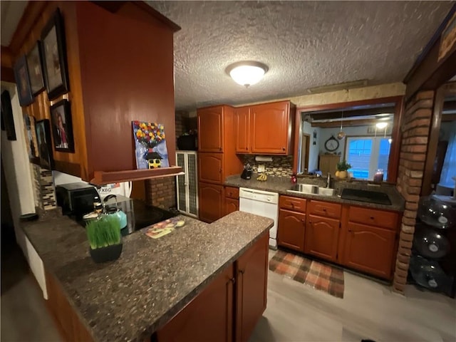 16 Bunny Trl, Scituate, RI 02831 - kitchen featuring white dishwasher, a sink, a peninsula, a textured ceiling, and tasteful backsplash