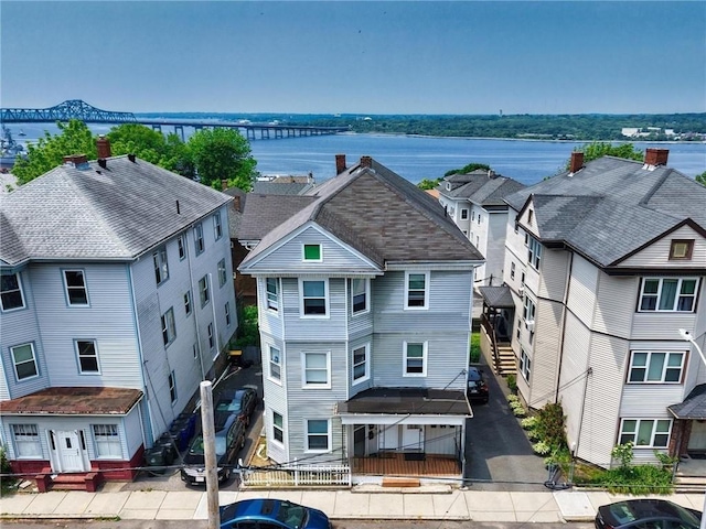 62 School St, Fall River, MA 02720 - aerial perspective of suburban area with a notable bridge and a large body of water