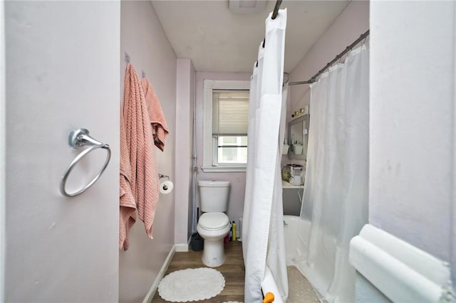 62 School St, Fall River, MA 02720 - full bathroom featuring toilet, wood finished floors, and shower / tub combo with curtain