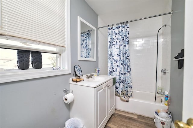 62 School St, Fall River, MA 02720 - full bath featuring vanity, shower / bath combo, and wood finished floors
