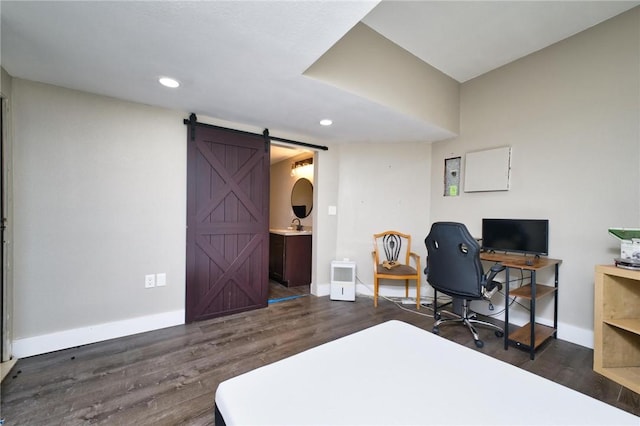 62 School St, Fall River, MA 02720 - office space featuring a barn door, baseboards, dark wood-style floors, recessed lighting, and a sink
