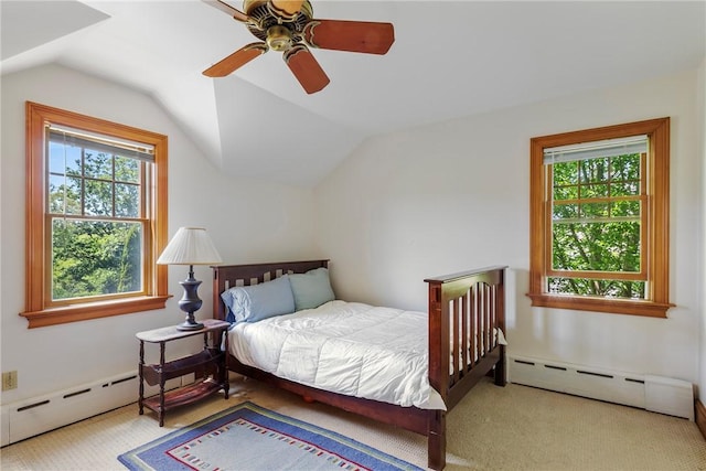 201 Paradise Ave, Middletown, RI 02842 - carpeted bedroom featuring baseboard heating, lofted ceiling, and ceiling fan