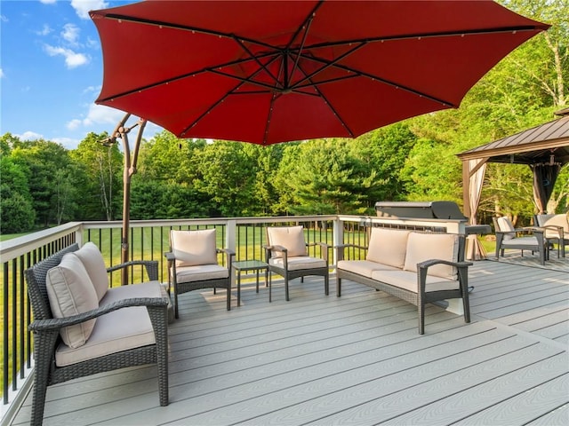 162 Pine Orchard Rd, Glocester, RI 02814 - wooden deck with outdoor lounge area, a gazebo, and area for grilling
