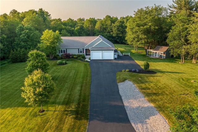 162 Pine Orchard Rd, Glocester, RI 02814 - ranch-style house with a garage, driveway, a front lawn, and a wooded view