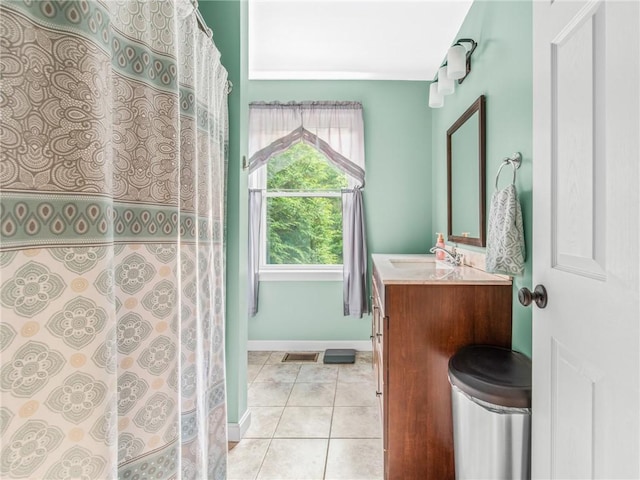 162 Pine Orchard Rd, Glocester, RI 02814 - bathroom with vanity, tile patterned flooring, baseboards, and a shower with shower curtain
