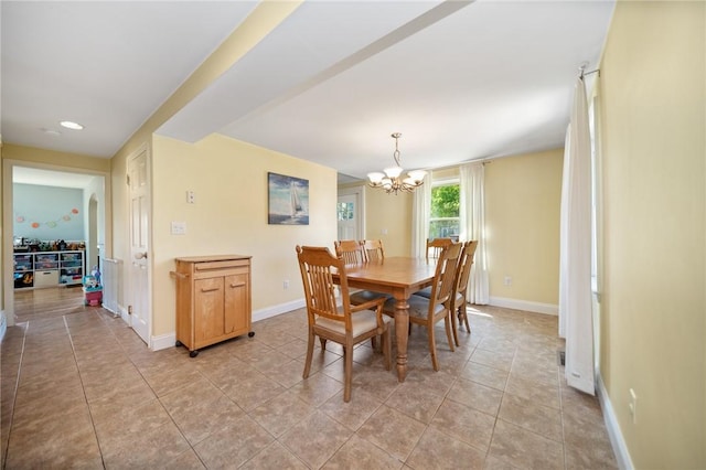79 Pilgrim Dr, Warwick, RI 02888 - dining room with a chandelier, light tile patterned flooring, baseboards, and recessed lighting