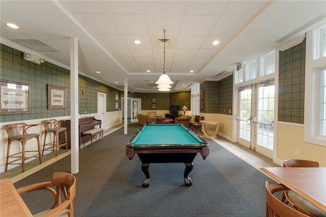 83 Waters Edge St Unit 24, Tiverton, RI 02878 - playroom featuring wallpapered walls, a wainscoted wall, french doors, pool table, and carpet flooring