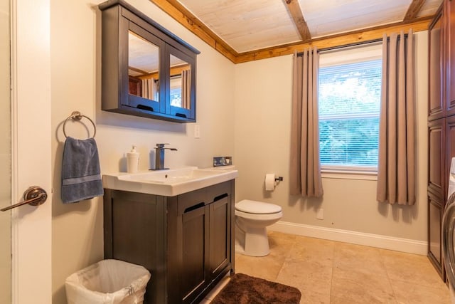 21 Baldwin Rd, Warwick, RI 02886 - bathroom with vanity, toilet, baseboards, wood ceiling, and tile patterned floors