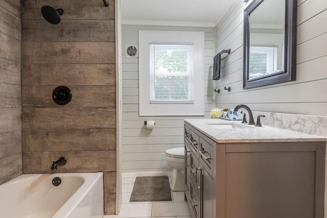 21 Baldwin Rd, Warwick, RI 02886 - full bathroom with wood walls, vanity, tile patterned floors, ornamental molding, and toilet