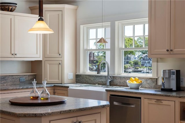 137 Cove Pt E, Charlestown, RI 02813 - kitchen with dishwasher, pendant lighting, and light stone countertops