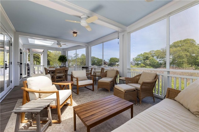 137 Cove Pt E, Charlestown, RI 02813 - sunroom / solarium with an outdoor living space, ceiling fan, ornamental molding, and wood finished floors