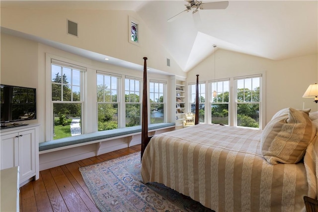 137 Cove Pt E, Charlestown, RI 02813 - bedroom featuring multiple windows, hardwood / wood-style floors, ceiling fan, and high vaulted ceiling
