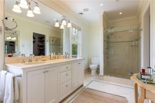 137 Cove Pt E, Charlestown, RI 02813 - bathroom with a shower stall, crown molding, double vanity, recessed lighting, and a walk in closet