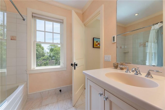 137 Cove Pt E, Charlestown, RI 02813 - bathroom with plenty of natural light, vanity, ornamental molding, shower / tub combo with curtain, and marble finish floors