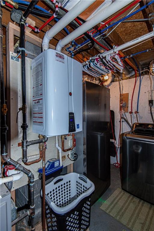 34 Zambarano Ave, North Providence, RI 02911 - unfinished basement featuring washer / clothes dryer and water heater