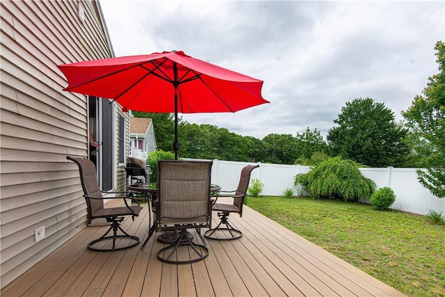34 Zambarano Ave, North Providence, RI 02911 - wooden terrace with a fenced backyard and outdoor dining area