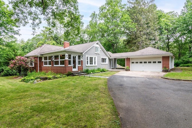 137 Rocky Hill Rd, Scituate, RI 02857 - single story home with driveway, a garage, a chimney, and a front yard