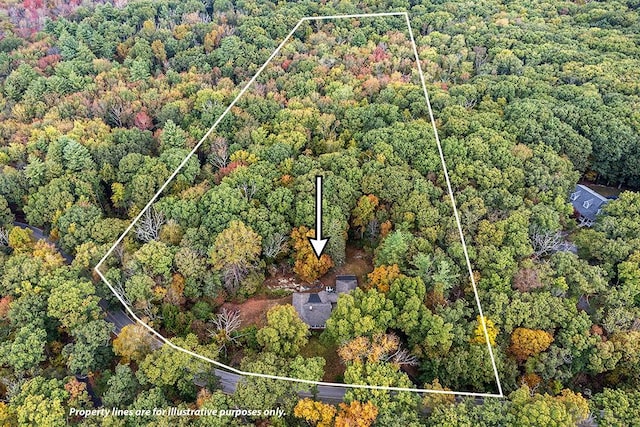 137 Rocky Hill Rd, Scituate, RI 02857 - aerial overview of property's location with a heavily wooded area and property boundaries highlighted