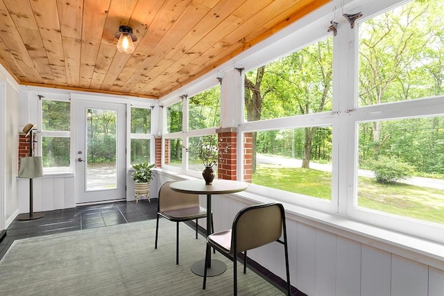 137 Rocky Hill Rd, Scituate, RI 02857 - sunroom with wood ceiling, healthy amount of natural light, and a wooden deck