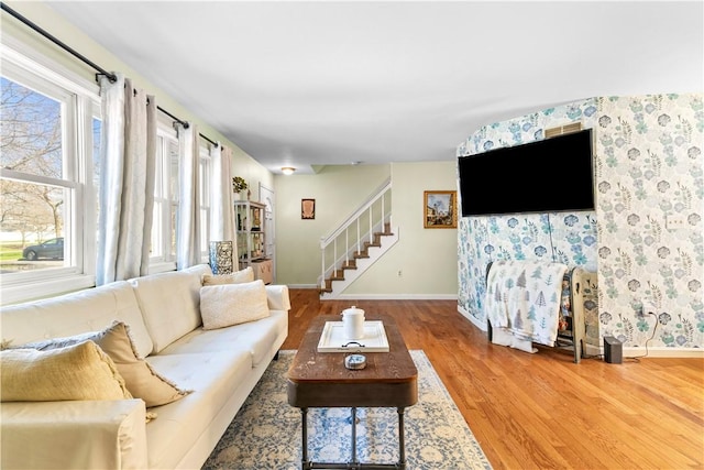 447 Stafford Rd Unit C3, Tiverton, RI 02878 - living area featuring wood finished floors, stairway, and wallpapered walls
