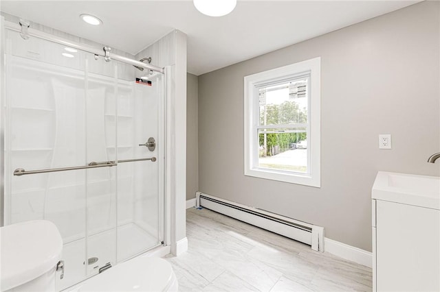 65 Harrop Ave, Warwick, RI 02886 - bathroom with a baseboard heating unit, a stall shower, vanity, and recessed lighting
