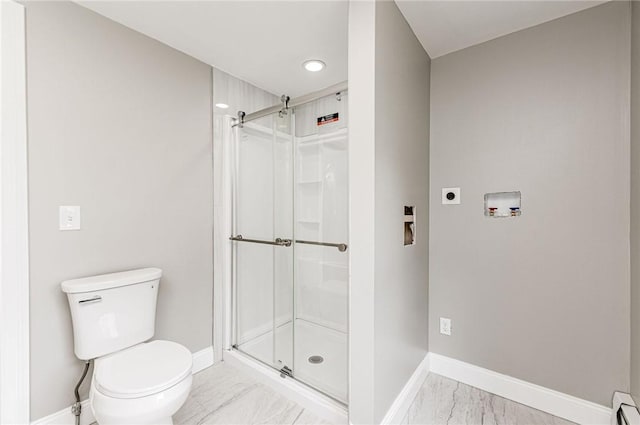 65 Harrop Ave, Warwick, RI 02886 - full bath featuring marble look tiles, a shower stall, baseboard heating, and recessed lighting