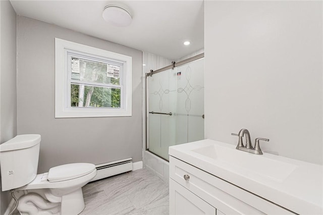 65 Harrop Ave, Warwick, RI 02886 - bathroom featuring a baseboard heating unit, marble finish floors, enclosed tub / shower combo, vanity, and recessed lighting