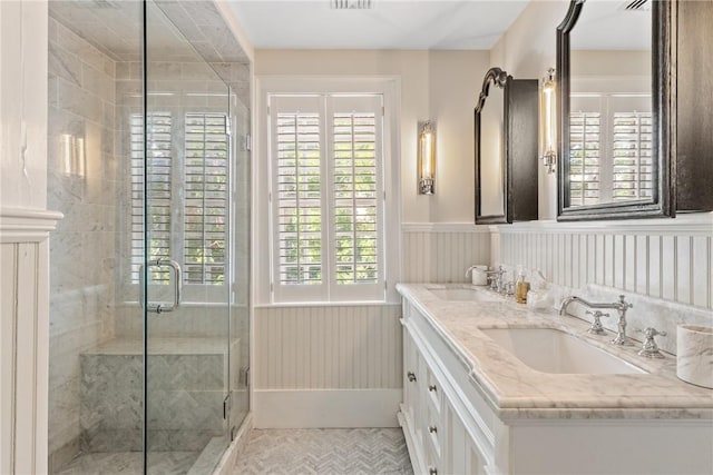 35 Second St, Newport, RI 02840 - bathroom with double vanity, a stall shower, healthy amount of natural light, and a wainscoted wall