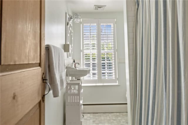 35 Second St, Newport, RI 02840 - full bath with a baseboard heating unit and a shower with curtain