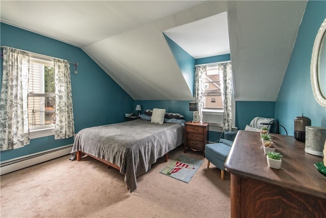 40 Highland St, Pawtucket, RI 02860 - carpeted bedroom with multiple windows, vaulted ceiling, and a baseboard radiator