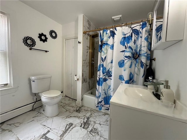 25 Eddy St, West Warwick, RI 02893 - full bathroom with a baseboard heating unit, shower / tub combo with curtain, marble finish floors, and plenty of natural light