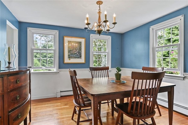 373 Fletcher Rd, North Kingstown, RI 02852 - dining room featuring light wood-type flooring, a chandelier, wallpapered walls, and a baseboard heating unit